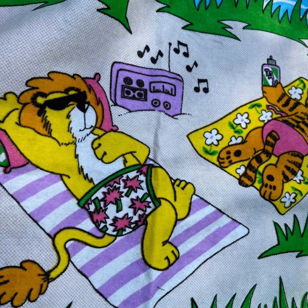 Vintage Encee Inc Beach Blanket 60x90 Cartoon Lion Tiger Cheetah Sunbathing USA